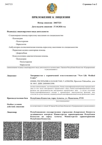 Приложение к лицензии № 26027221 — ТОО «NEW LIFE MEDICAL CENTRE»
